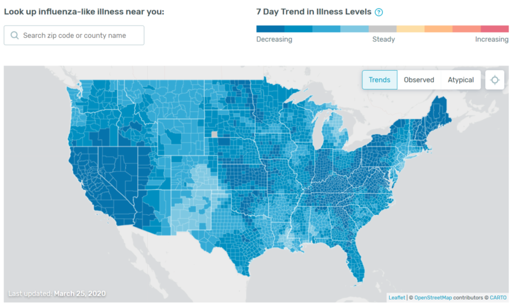 USA: Ústup chřipkových nemocí (25. března 2020, KINSA)